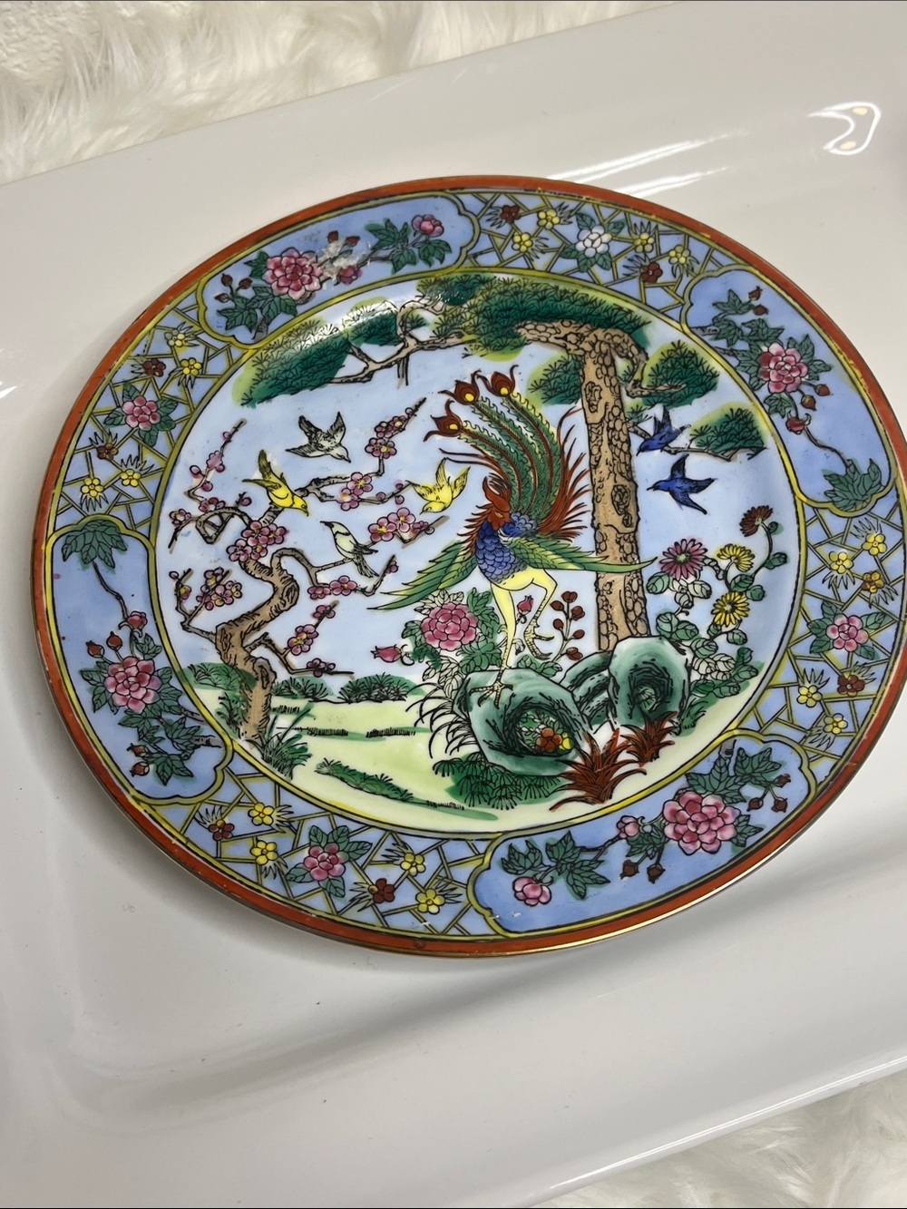 Nora Fenton Hand-Painted Floral Phoenix Decorative Plate - Blue, Green, Pink